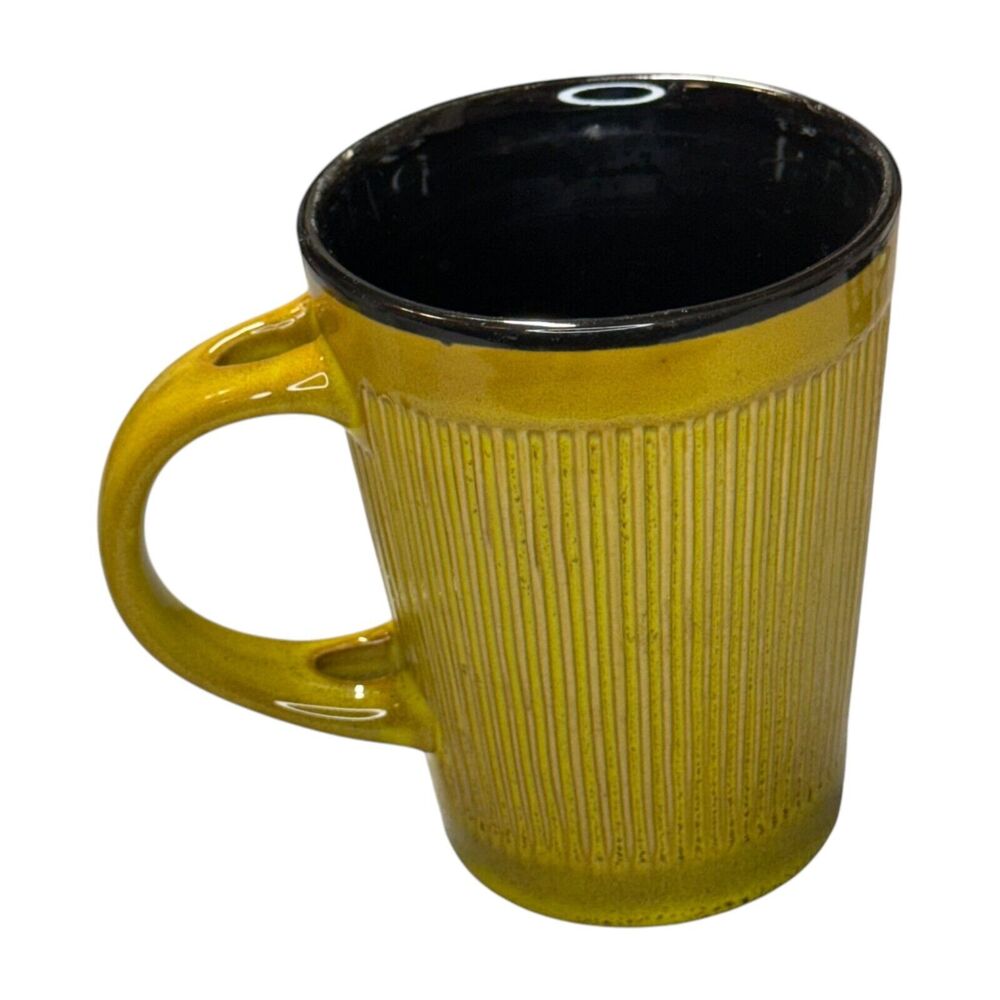 Vintage Yellow Ribbed Ceramic Tea/Coffee Mug Black Interior with Spoon Holder - Picture 2 of 5